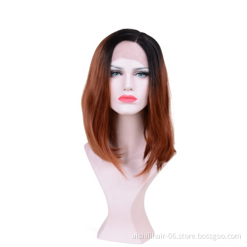 wholesale lace front wigs black root brown fluffy synthetic wigs lace frontal wig natural straight and kinky wave for women